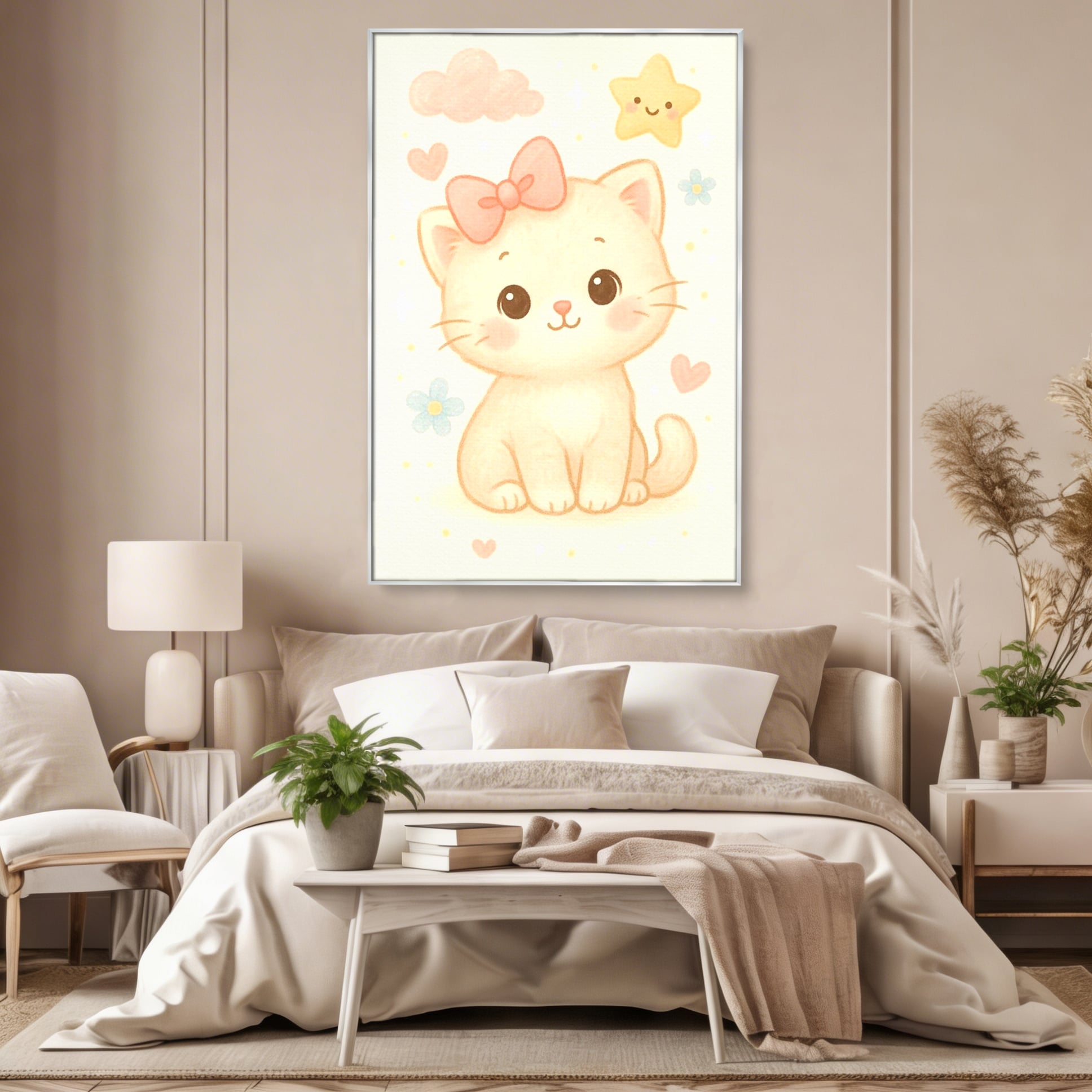 Tablou canvas cu ilustratie cu pisicuta roz si steluta, in rama de aluminiu argintiu, pe perete intr-un dormitor